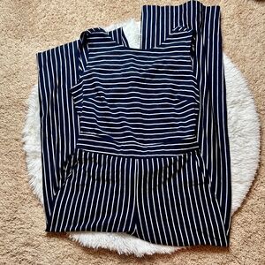 NWT New York & Company Large Navy/White Striped Romper | Open Tie Back | Pockets